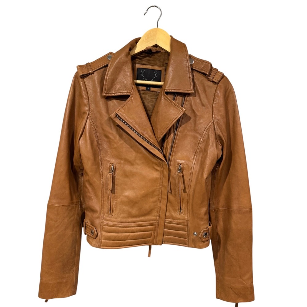 Bod & Christensen Womens Brown Leather Moto Biker Jacket Size M Cognac Zip Up